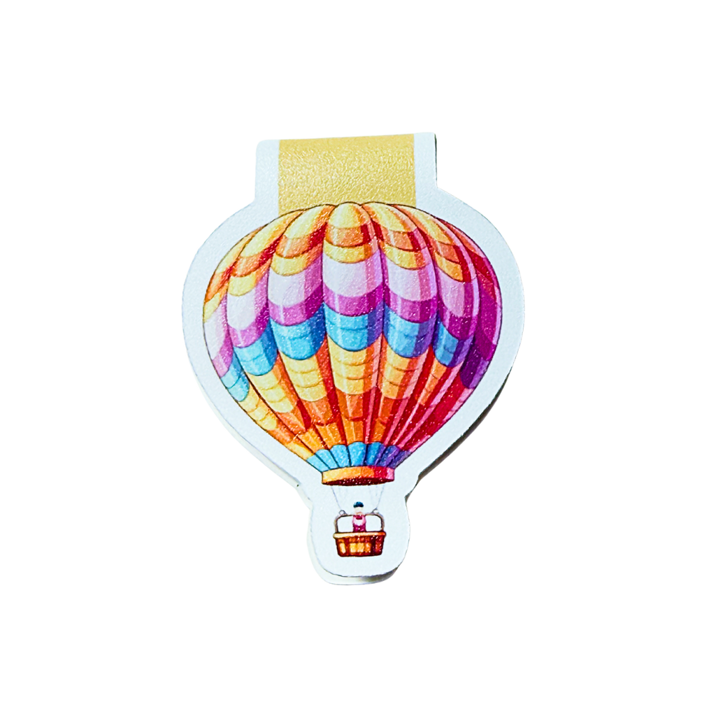 Colorful hot air balloon design on a white background