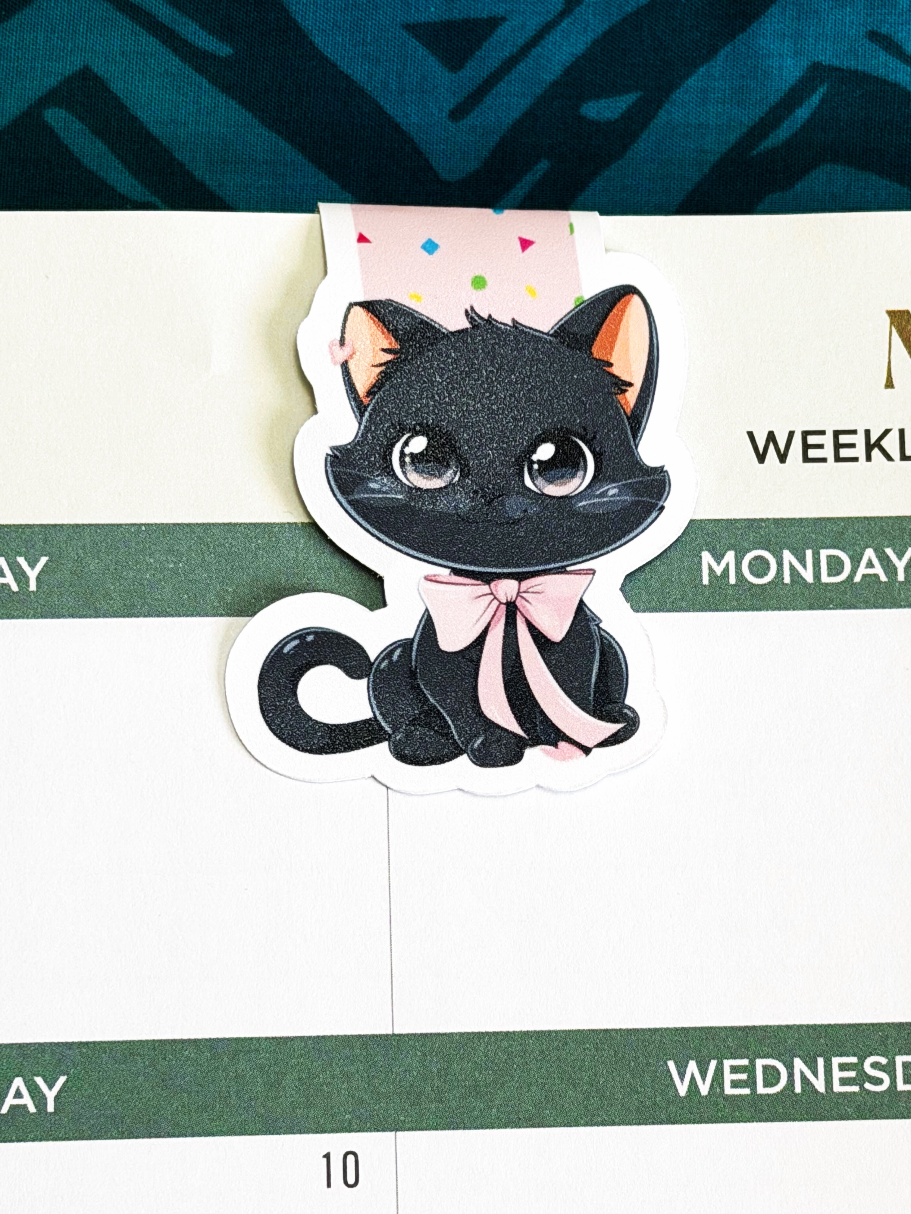"Midnight Mews" Black Cat with Pink Bow Magnetic Bookmark