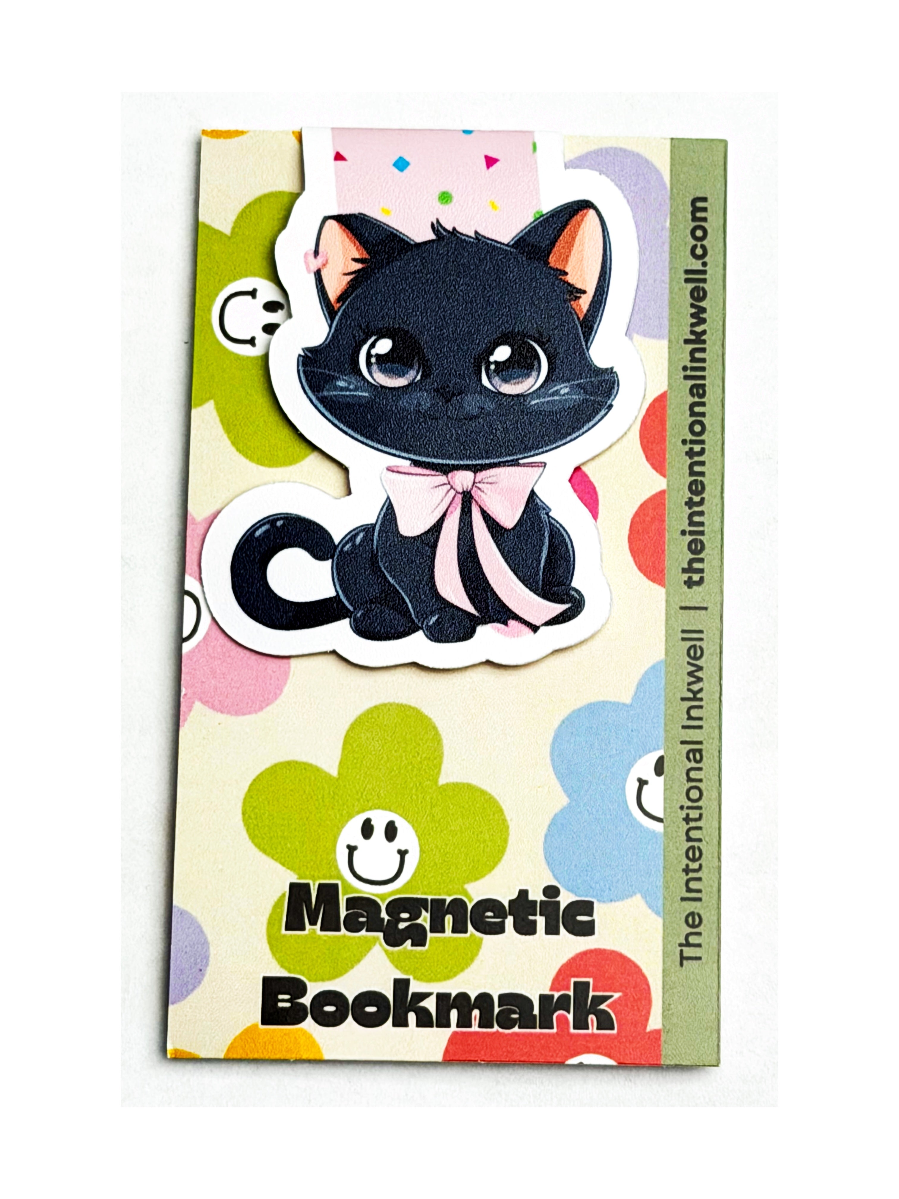 "Midnight Mews" Black Cat with Pink Bow Magnetic Bookmark