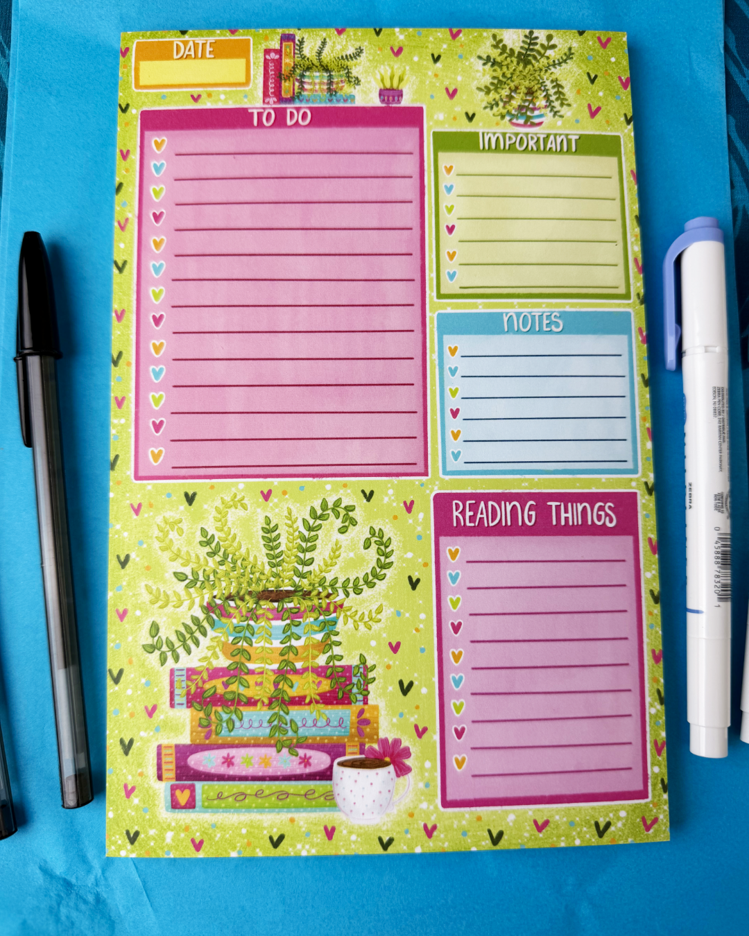 Colorful notepad with various sections on a blue background